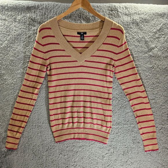Gap Women's V-Neck Striped Beige & Pink Long Sleeve Sweater XS Soft and Comfy - Picture 1 of 16